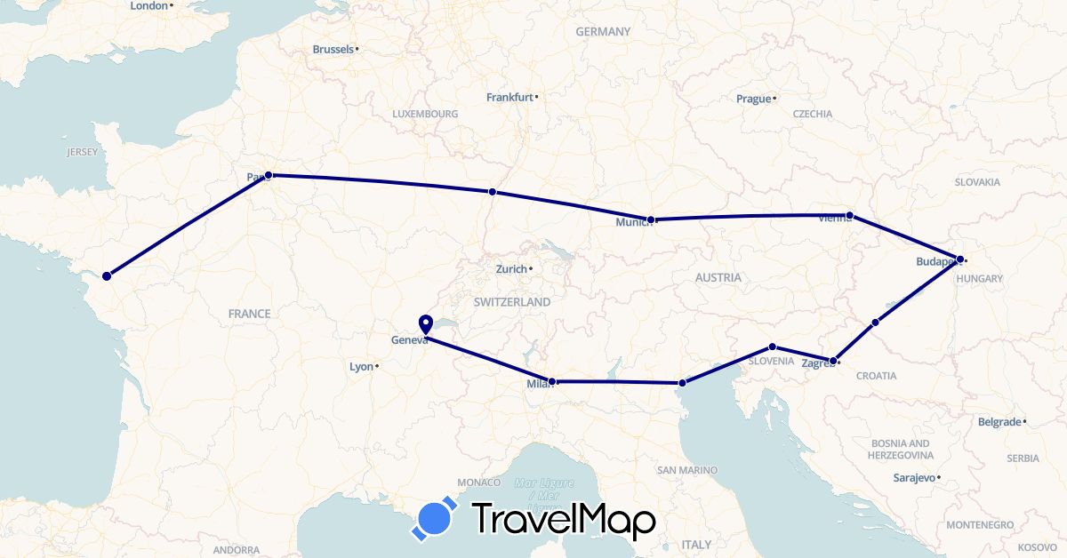 TravelMap itinerary: driving in Austria, Switzerland, Germany, France, Croatia, Hungary, Italy, Slovenia (Europe)